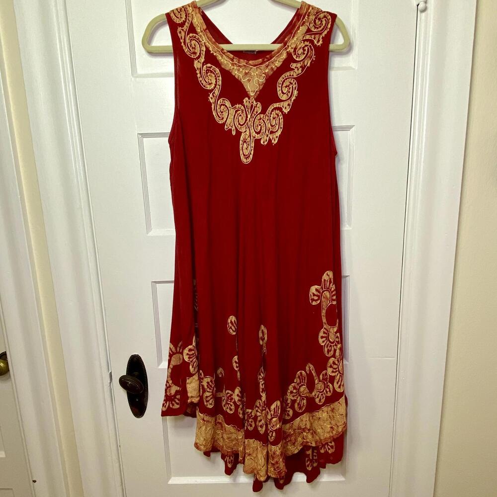 Red Swing Dress Gold Embroidery Womens One Size Summer Flowy Casual Retro Y2K